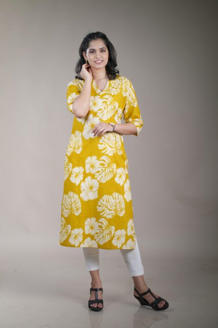 AMIS Yellow Straight Cotton Kurti with White Floral Print