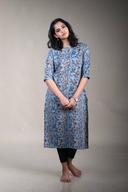 AMIS Gray Kurti with Orange & Blue Blooms – Cotton Straight Fit